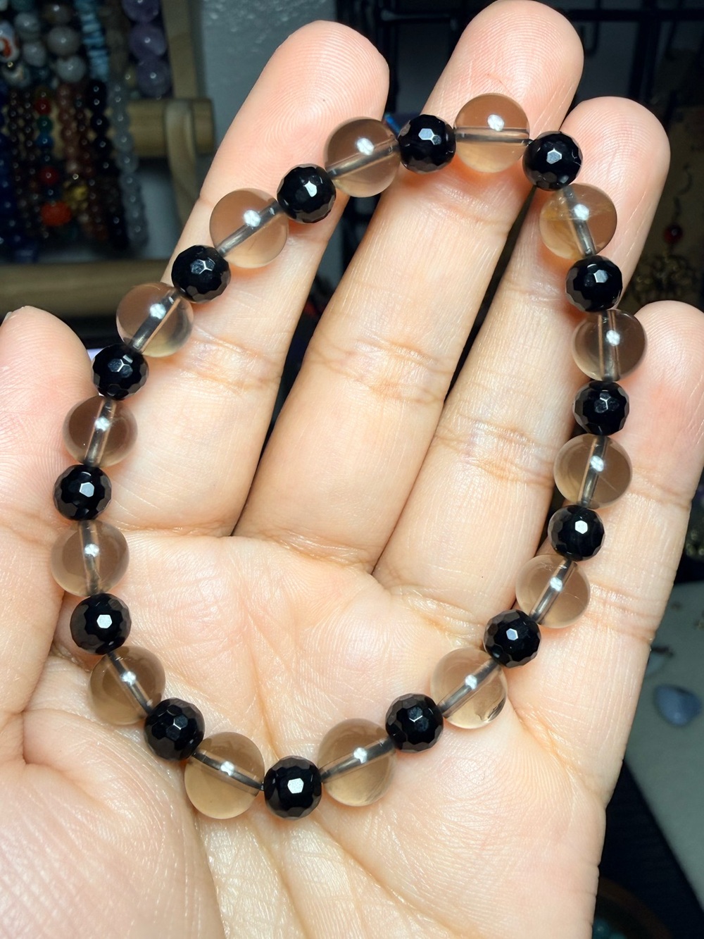 Smoky Quartz and Black Onyx Beaded Stretch Bracelet